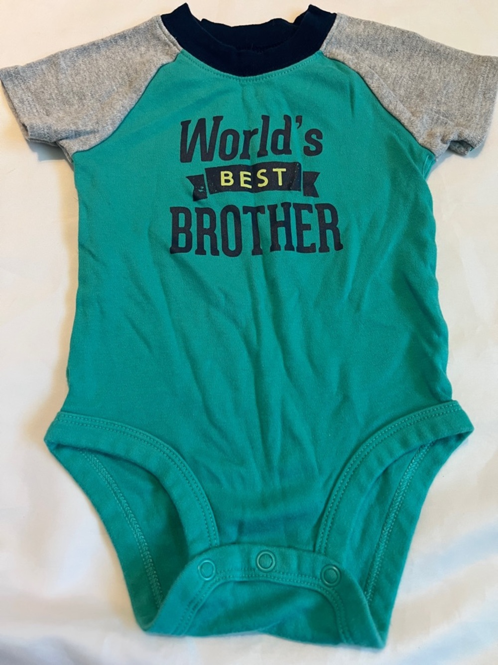 “Bundle 10/$13” carters 6M worlds Best Brother Teal & Gray Baby One-Piece